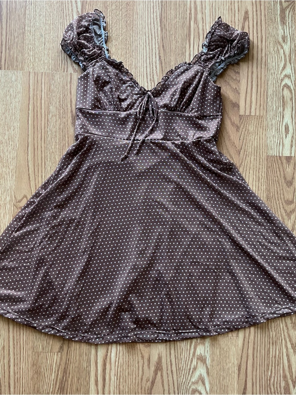 Altar'd State Brown Polka Dot Ruffle-Strap Slip Dress